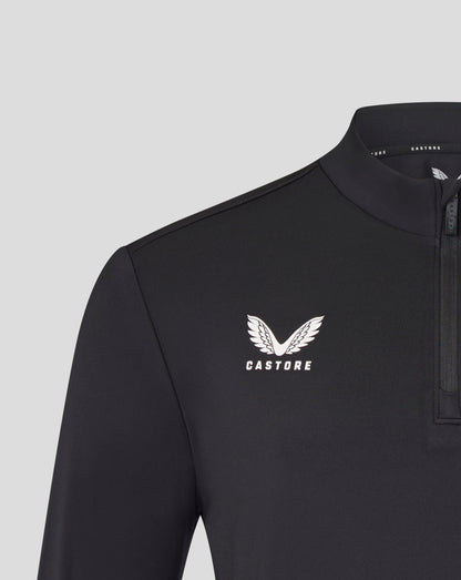 Chest shot of the black Leicester Tigers training midlayer featuring a white tiger crest and Castore branding
