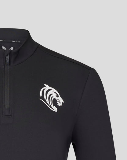 Close up of collar and zipper on a black Leicester Tigers training midlayer with a white tiger chest emblem