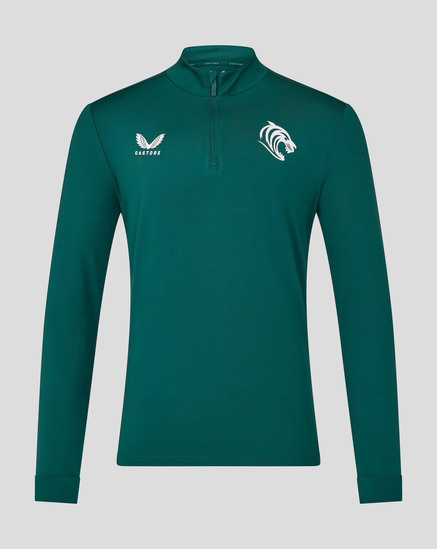 Front view of teal botanical Leicester Tigers training midlayer with Castore logo on left chest and tiger crest on right