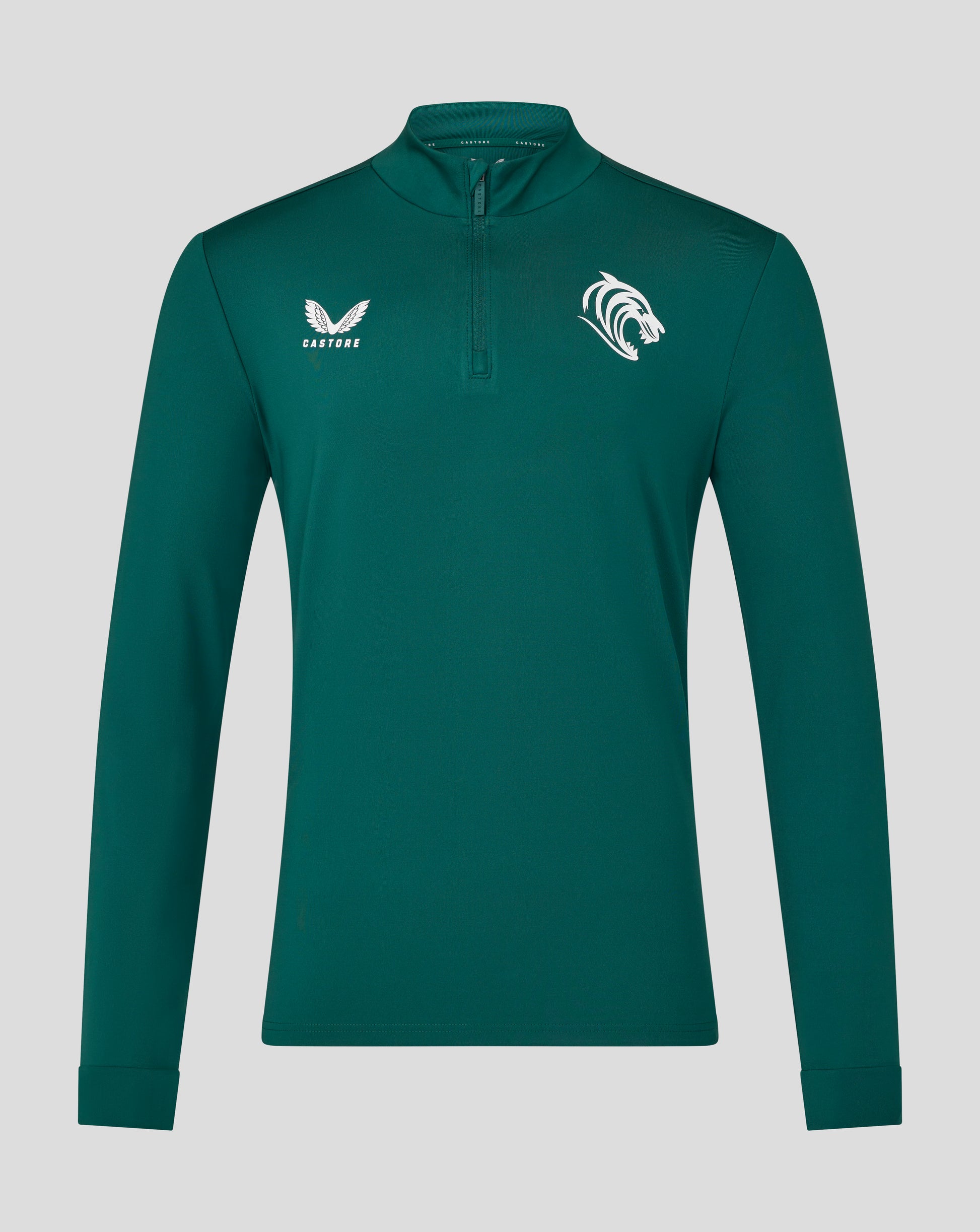 Front view of teal botanical Leicester Tigers training midlayer with Castore logo on left chest and tiger crest on right