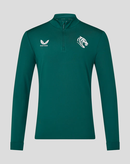 Front view of teal botanical Leicester Tigers training midlayer with Castore logo on left chest and tiger crest on right