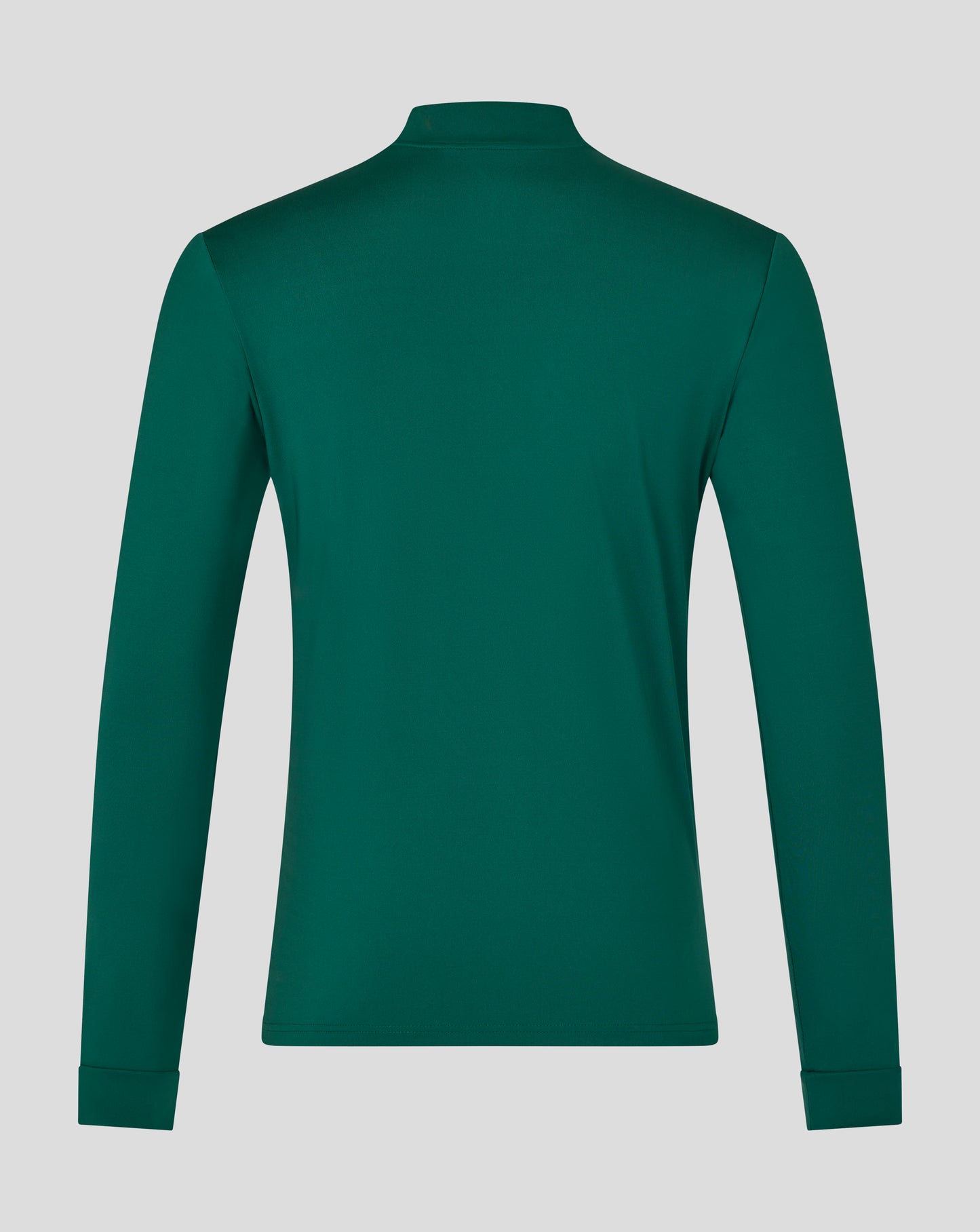 Back view of green Leicester Tigers training midlayer showing collar and shoulder seams