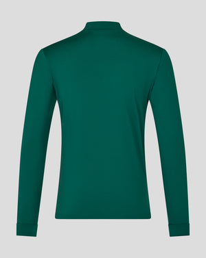 Back view of green Leicester Tigers training midlayer showing collar and shoulder seams