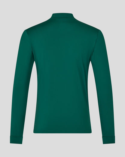 Back view of green Leicester Tigers training midlayer showing collar and shoulder seams