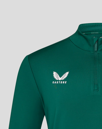 Teal Leicester Tigers training midlayer close up with white Castore wing logo and front zipper detail.