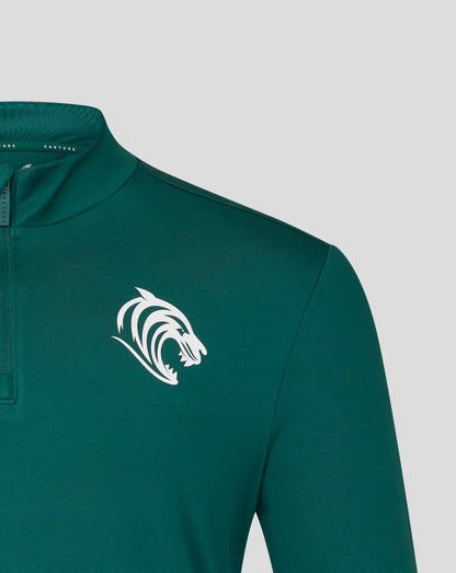 Dark green training midlayer with white Castore wing logo on the left chest and a tiger crest on the right chest.