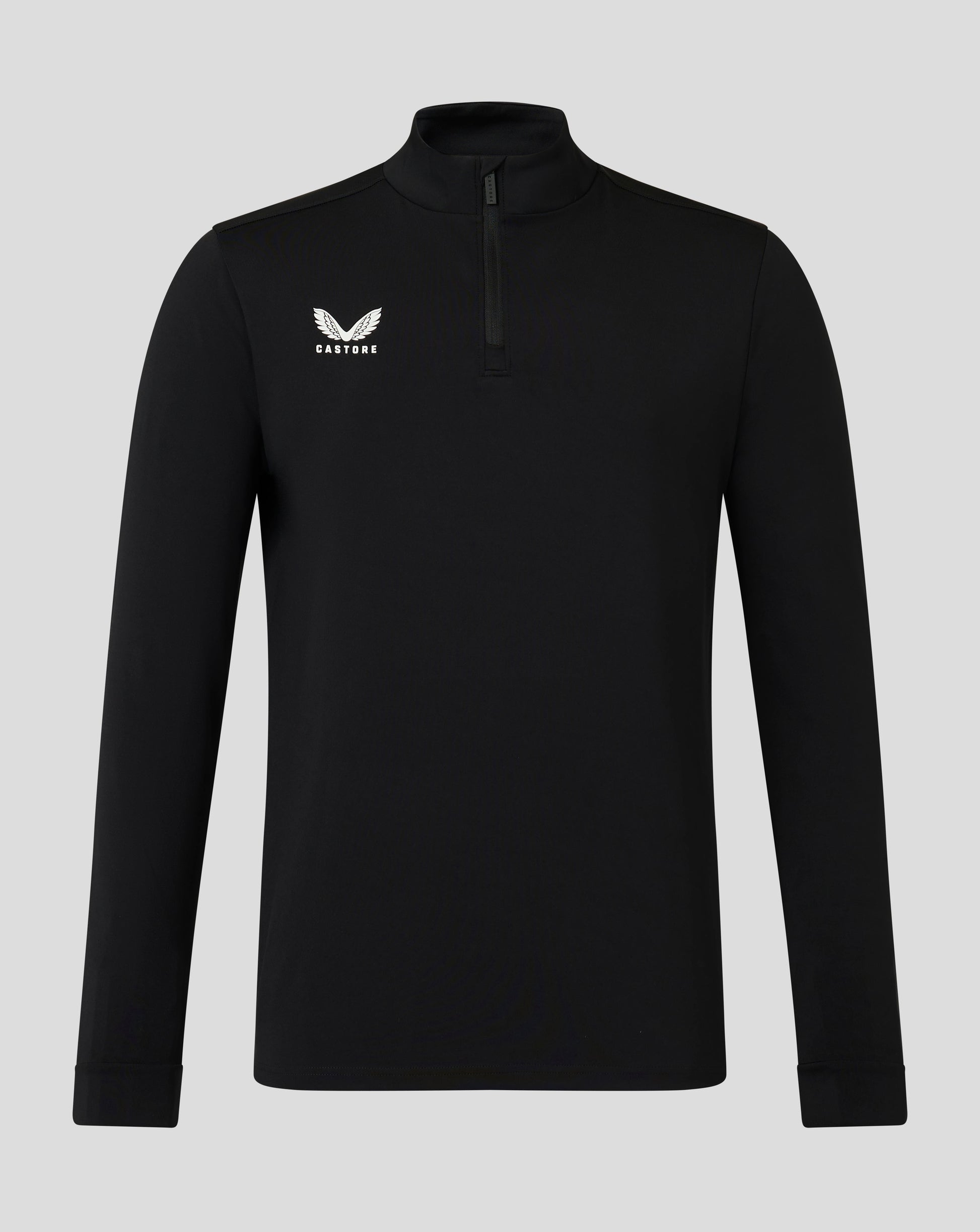 Black men's quarter-zip top with funnel neck and white Castore wing logo on left chest.