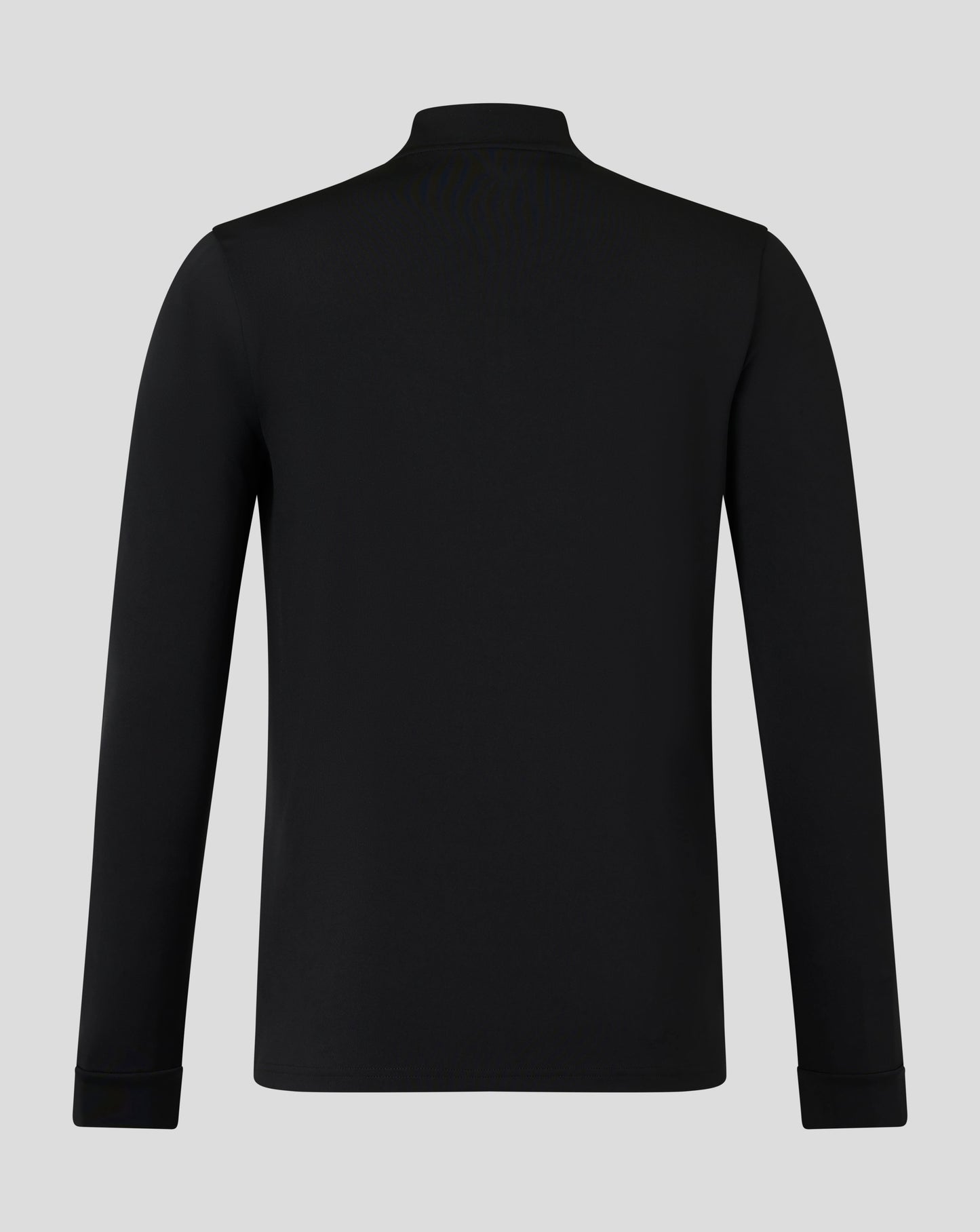 Back view of black quarter-zip top with funnel neck and forward shoulder seam.