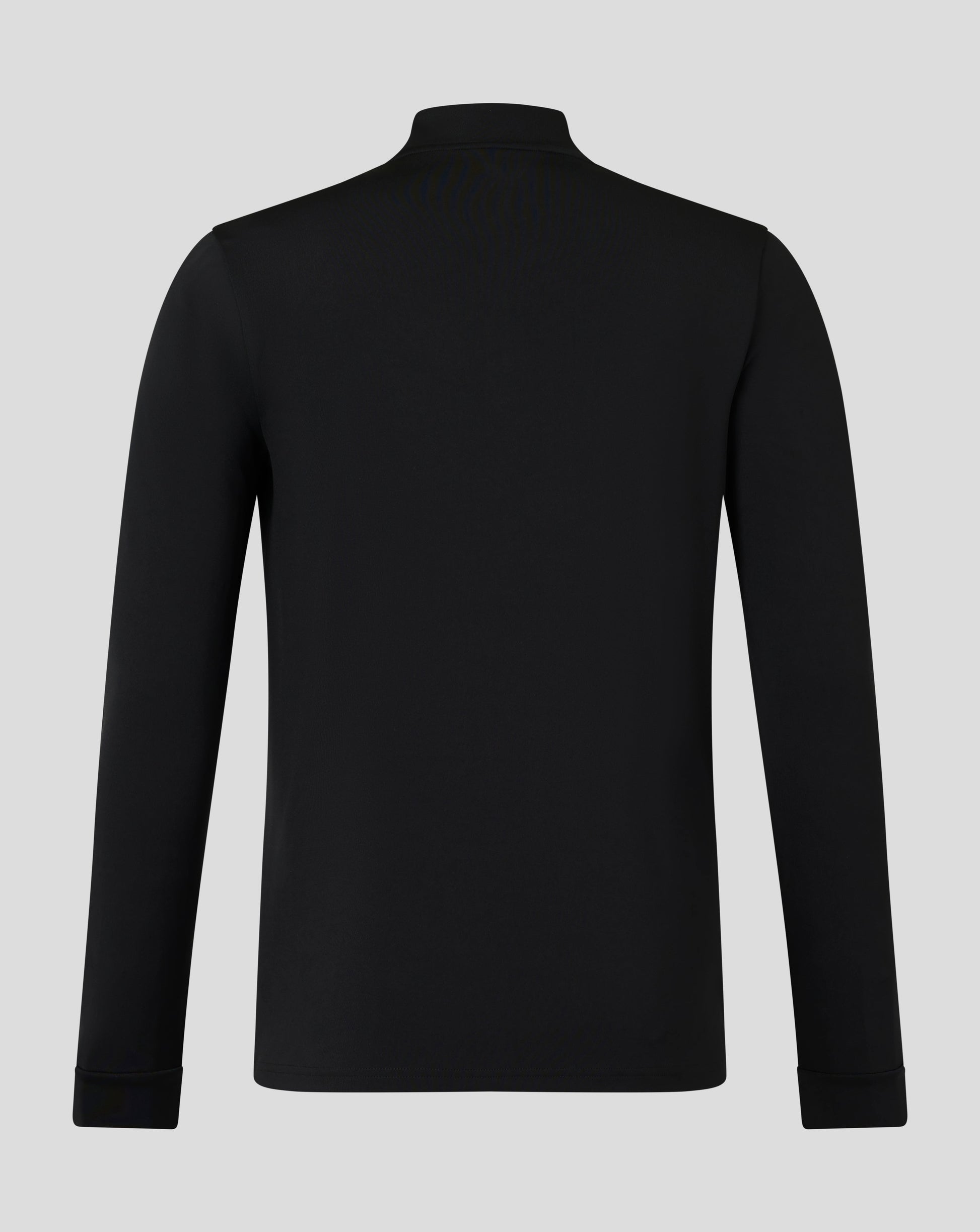 Back view of black quarter-zip top with funnel neck and forward shoulder seam.