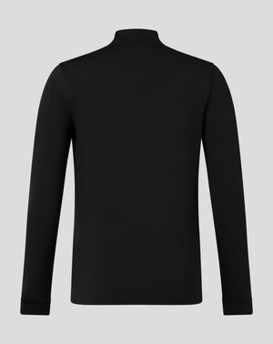 Back view of black quarter-zip top with funnel neck and forward shoulder seam.