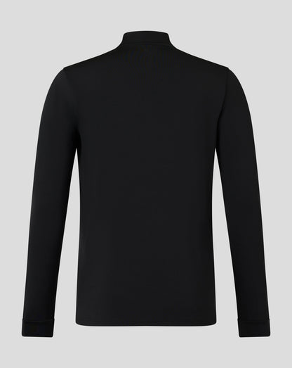 Back view of black quarter-zip top with funnel neck and forward shoulder seam.