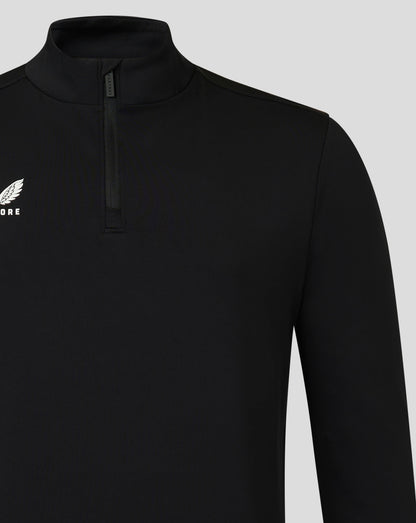 Close up of black mens 1/4 zip top with funnel neckline and white Castore logo on chest