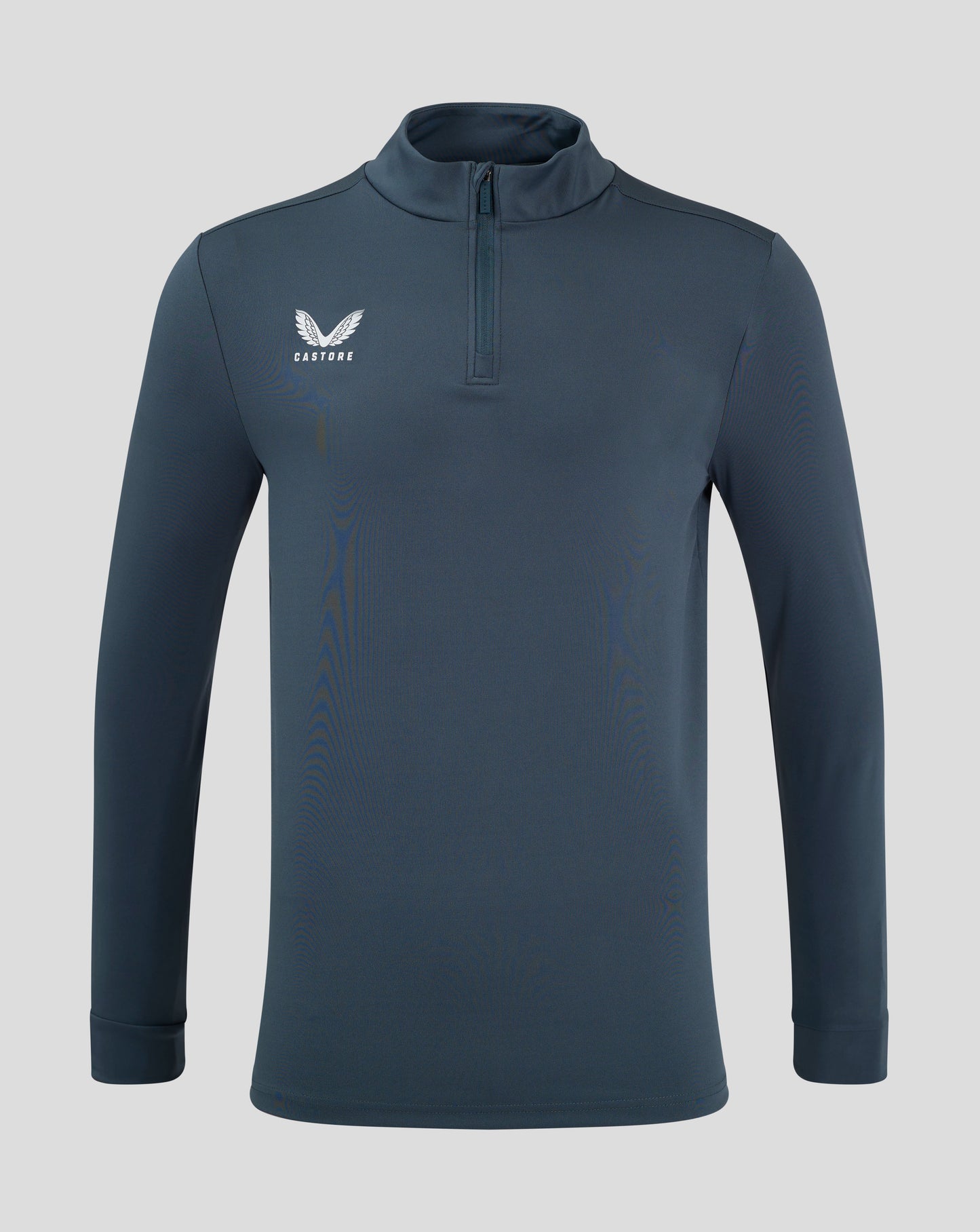 Front view of dark slate mens 1/4 zip with funnel neck chin guard at the zipper and Castore logo on the chest