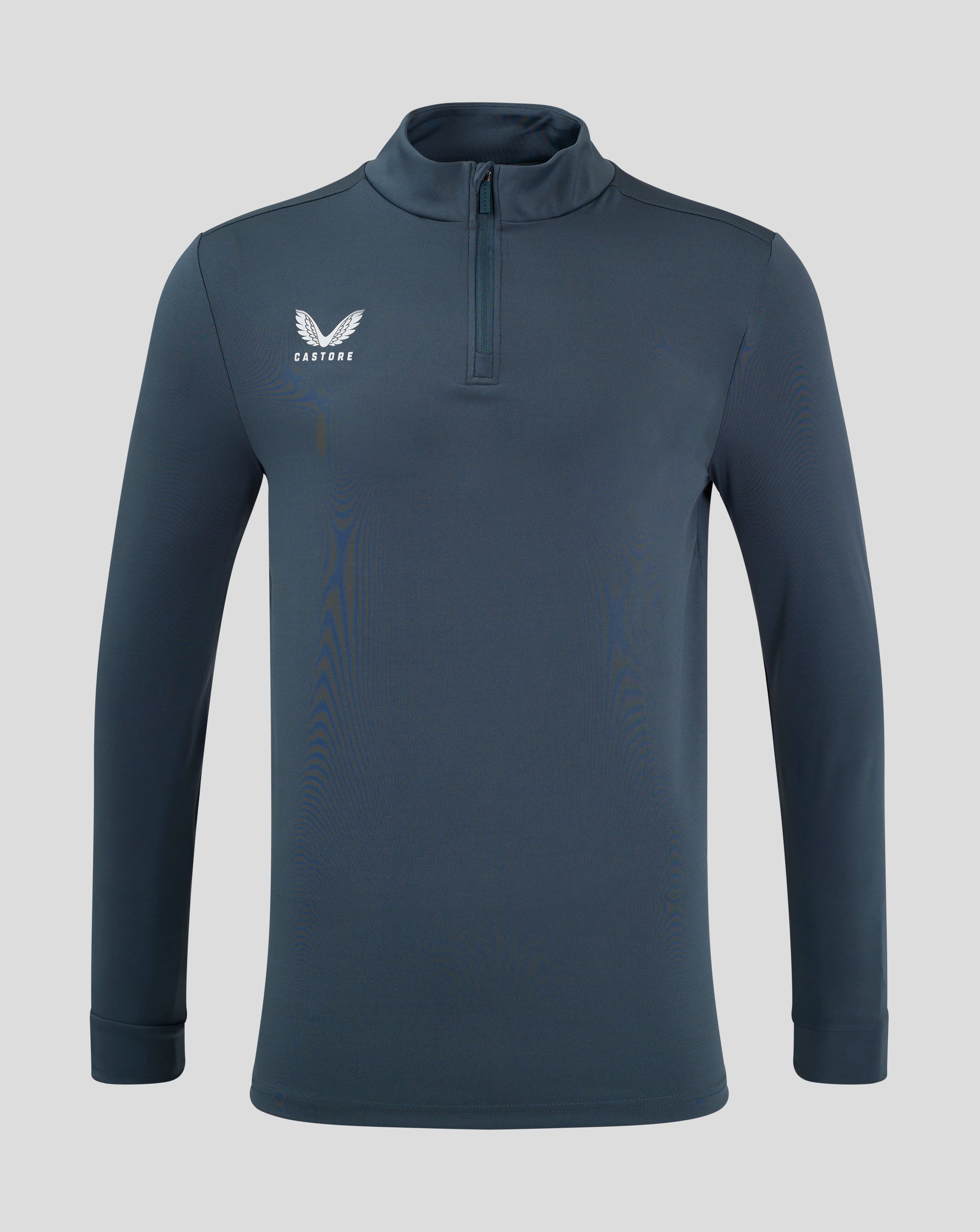 Front view of dark slate mens 1/4 zip with funnel neck chin guard at the zipper and Castore logo on the chest