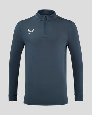 Front view of dark slate mens 1/4 zip with funnel neck chin guard at the zipper and Castore logo on the chest