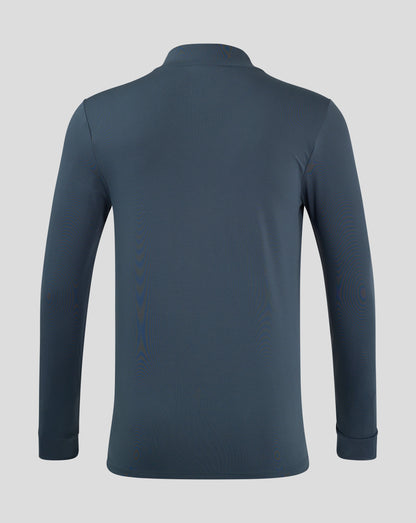Back view of dark slate quarter zip top with high collar and clean back panel