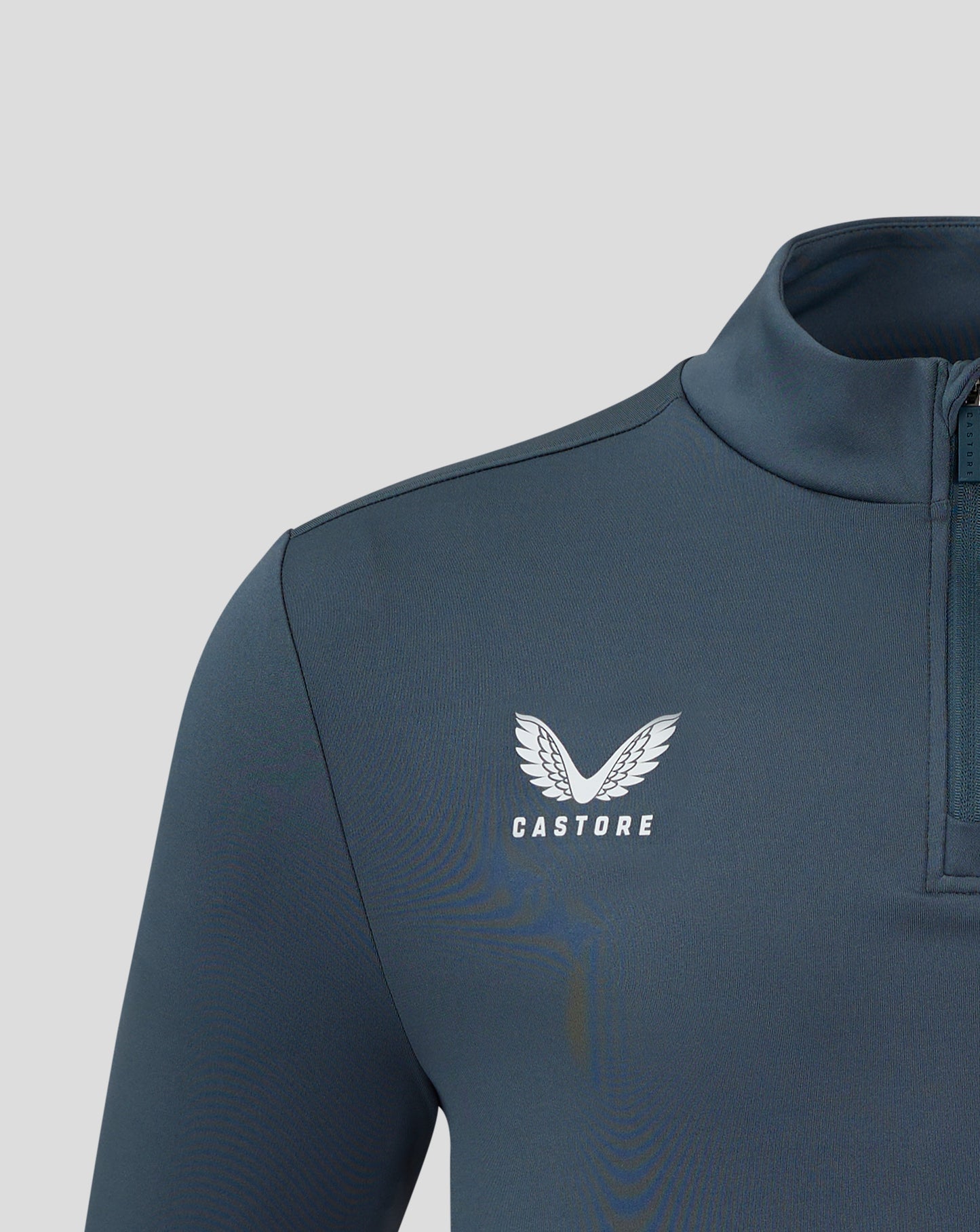Shoulder and neck area of dark slate quarter zip top highlighting construction and seams