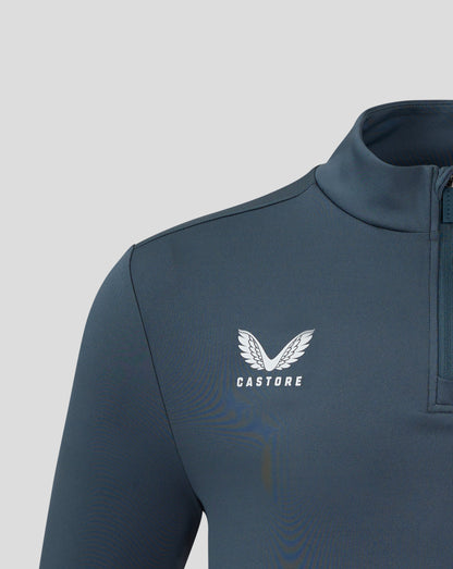 Shoulder and neck area of dark slate quarter zip top highlighting construction and seams