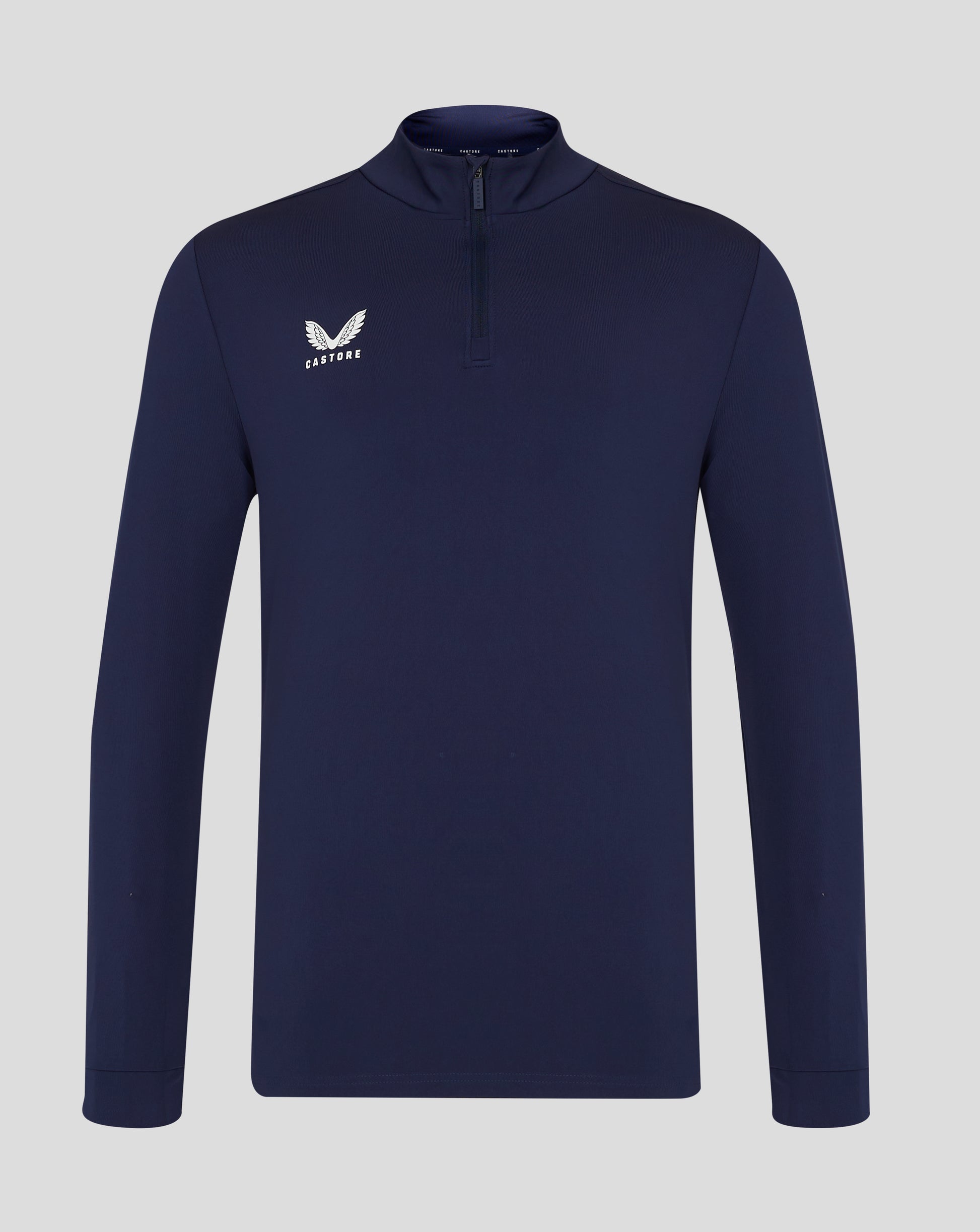 Navy mens 1/4 zip top with funnel neck and white Castore logo on the left chest
