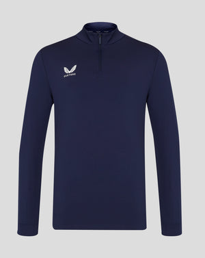 Navy mens 1/4 zip top with funnel neck and white Castore logo on the left chest