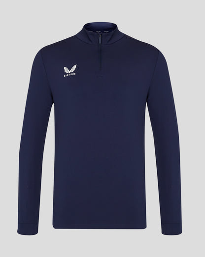 Navy mens 1/4 zip top with funnel neck and white Castore logo on the left chest