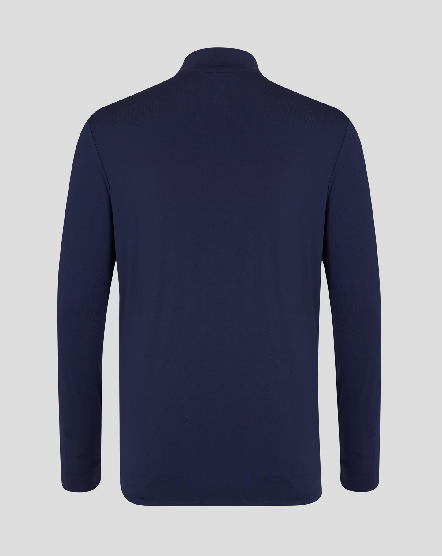 Back view of navy quarter zip top with raised collar and clean shoulder seams