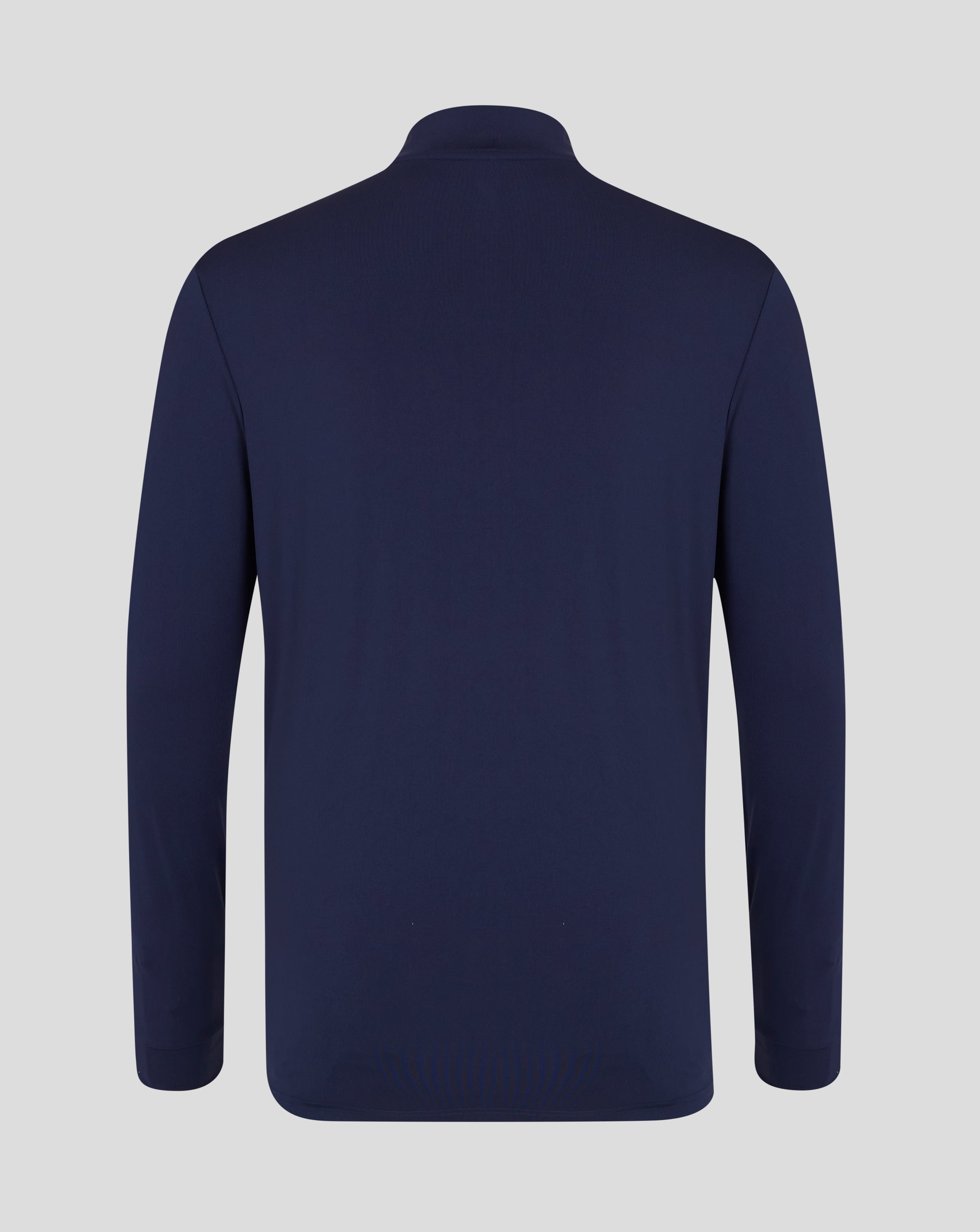 Back view of navy quarter zip top with raised collar and clean shoulder seams