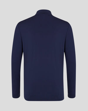 Back view of navy quarter zip top with raised collar and clean shoulder seams