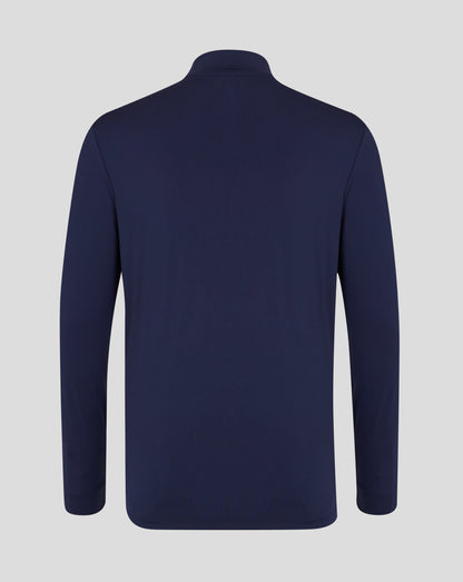 Back view of navy quarter zip top with raised collar and clean shoulder seams