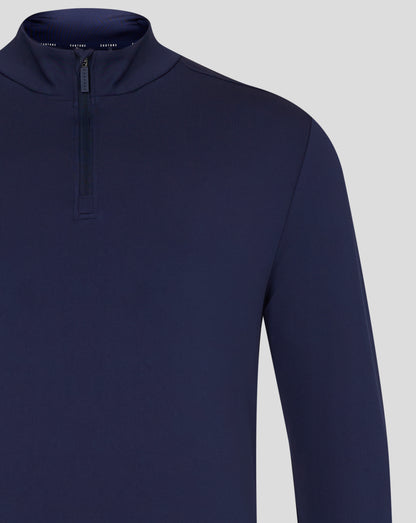 Close-up of navy quarter zip pullover showing funnel neck and zip with Castore branding