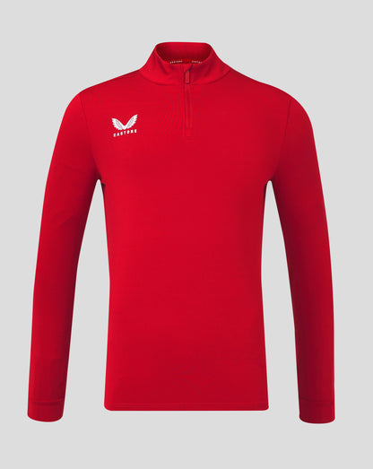Red quarter zip pullover with funnel neck and white Castore logo on the left chest