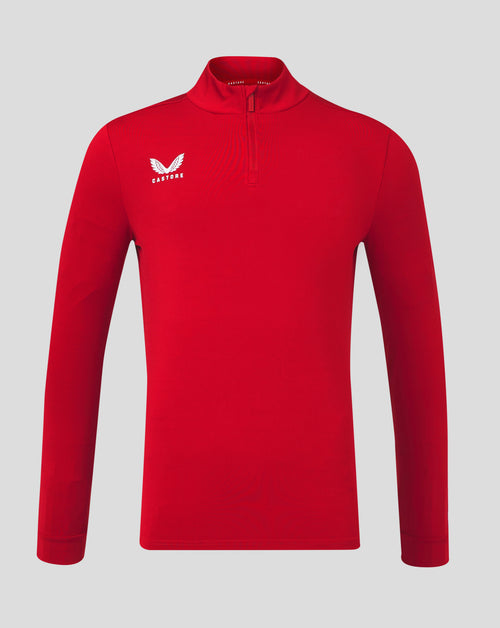 Red quarter zip pullover with funnel neck and white Castore logo on the left chest