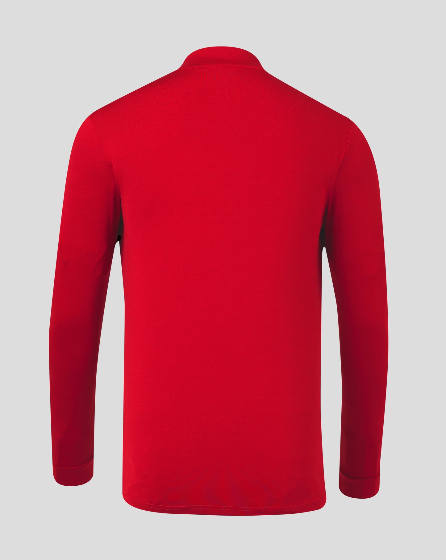 Back view of red quarter zip top with funnel neck and shoulder seam detail