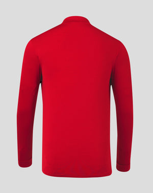 Back view of red quarter zip top with funnel neck and shoulder seam detail