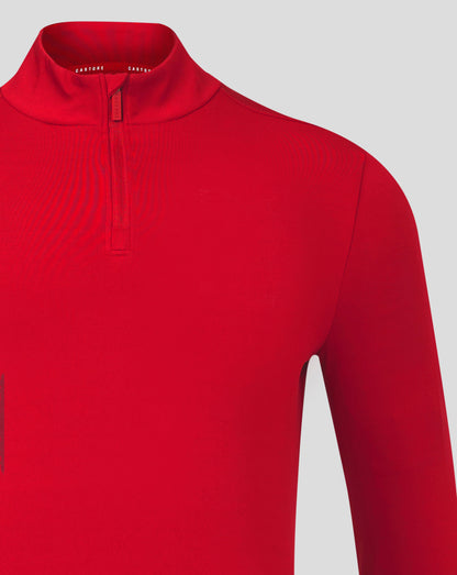 Close-up of a red men's quarter-zip top with funnel neck and chin guard at the zipper