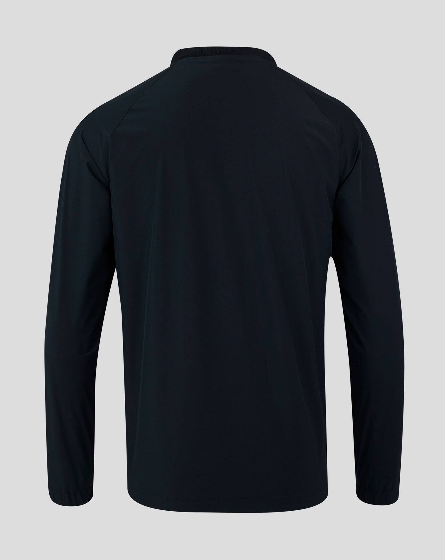 Back view of navy rugby top with minimal seams and smooth fabric