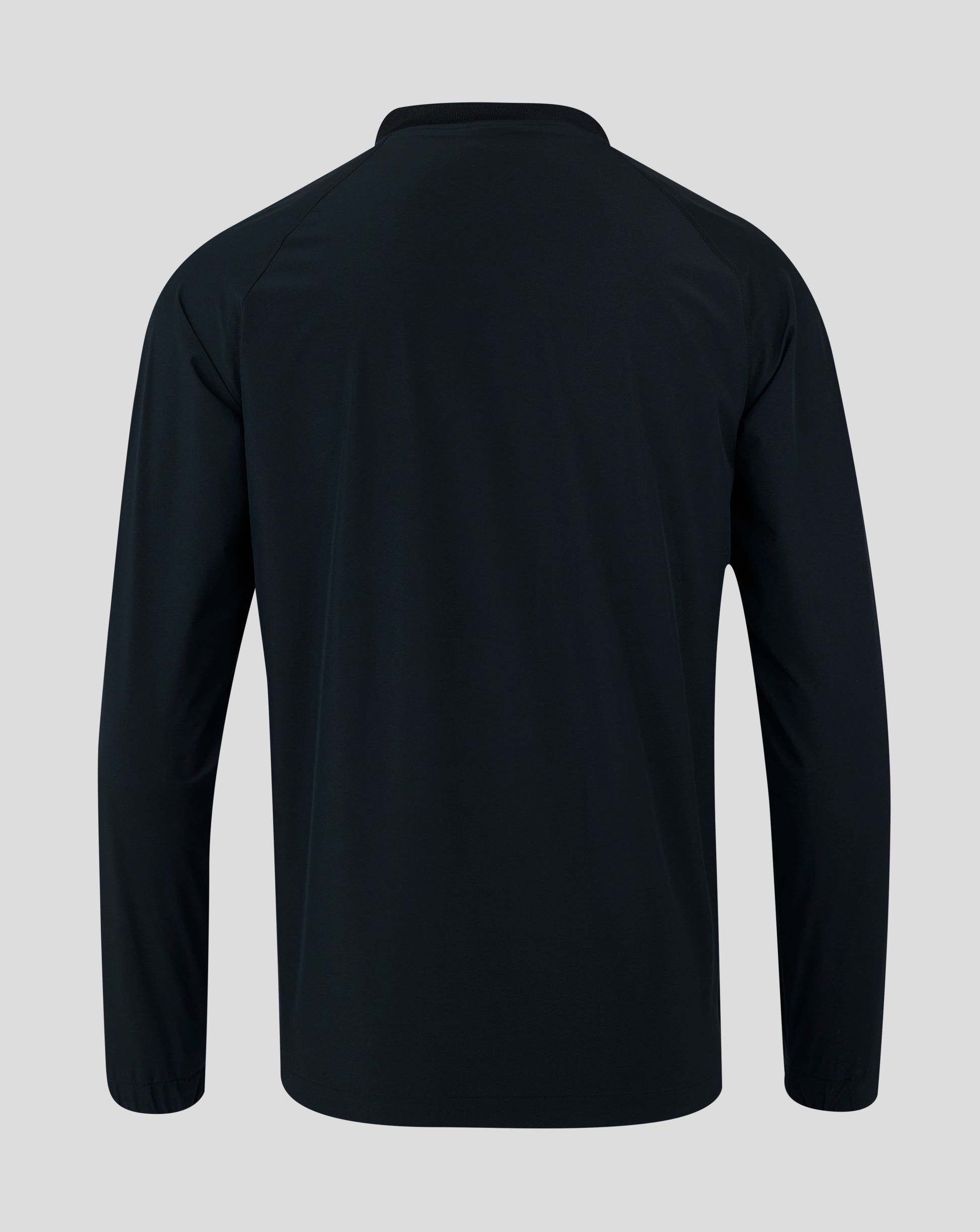 Back view of navy rugby top with minimal seams and smooth fabric