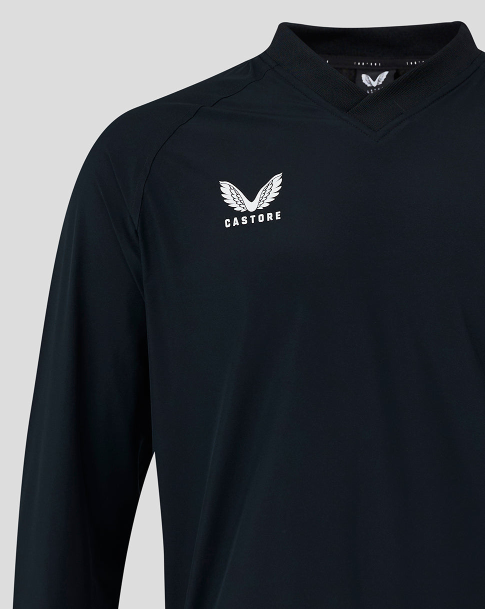 Front view of navy rugby top with Castore logo on left chest and ribbed V-neck