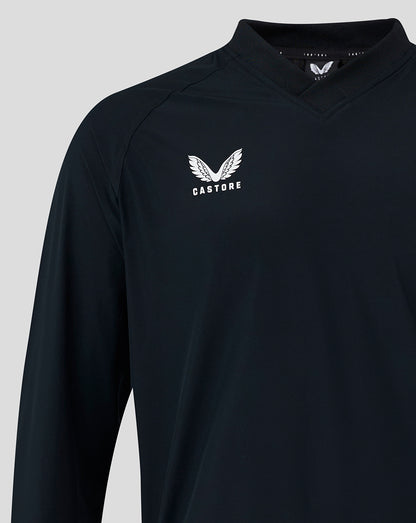 Front view of navy rugby top with Castore logo on left chest and ribbed V-neck