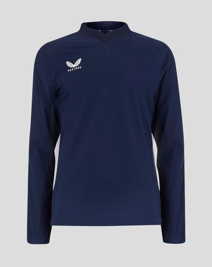 Front view of navy rugby top with white Castore wing logo on left chest and ribbed V neck