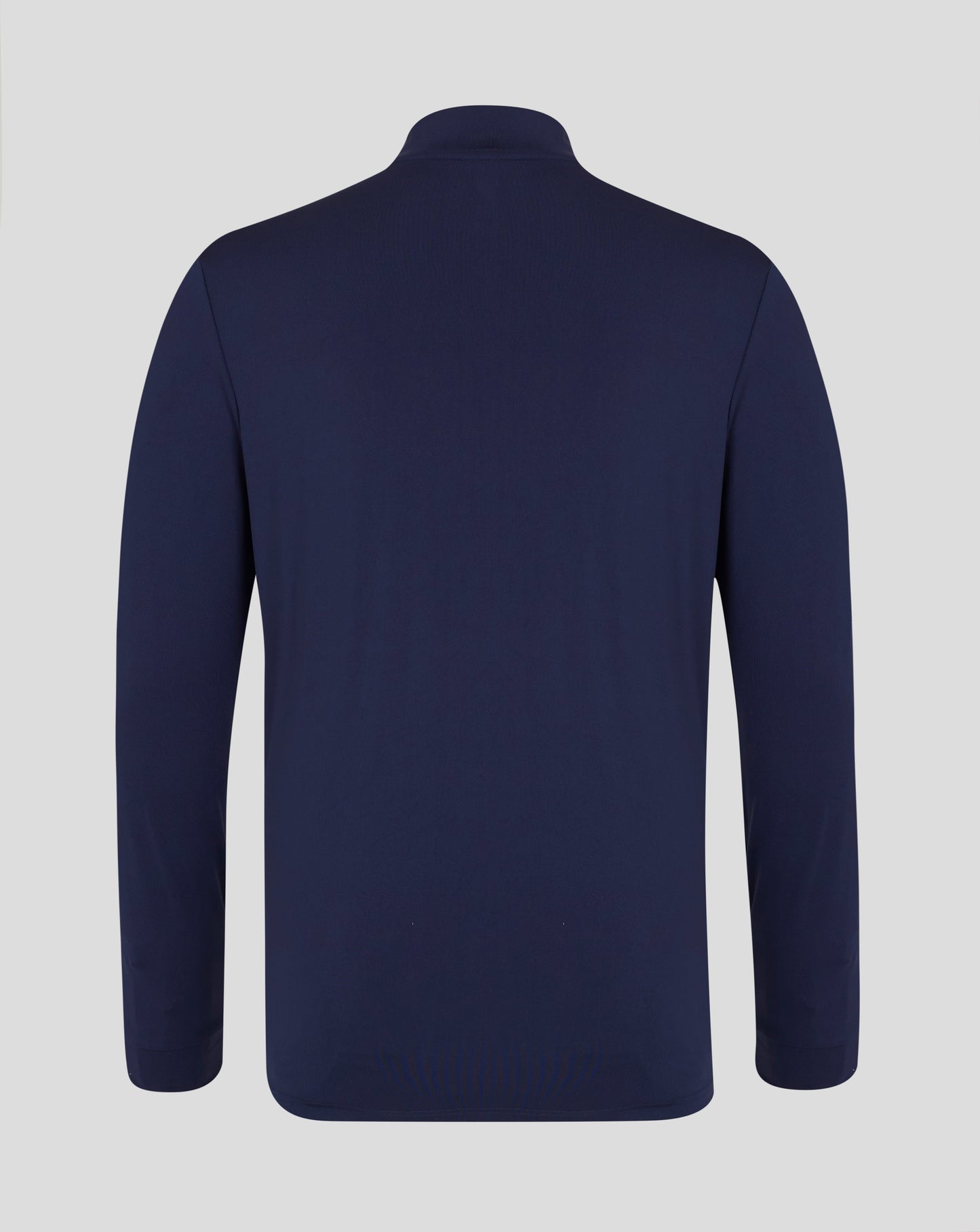 Back view of navy rugby top with plain back and stitched shoulder seams