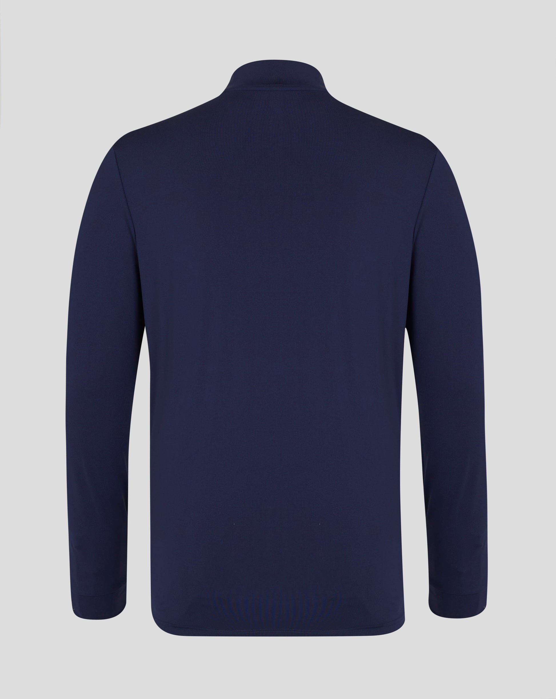 Back view of navy rugby top with plain back and stitched shoulder seams