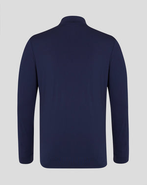 Back view of navy rugby top with plain back and stitched shoulder seams