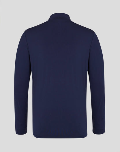 Back view of navy rugby top with plain back and stitched shoulder seams