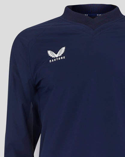 Back close-up of navy rugby top neck and shoulder area showing ribbed collar and stitching