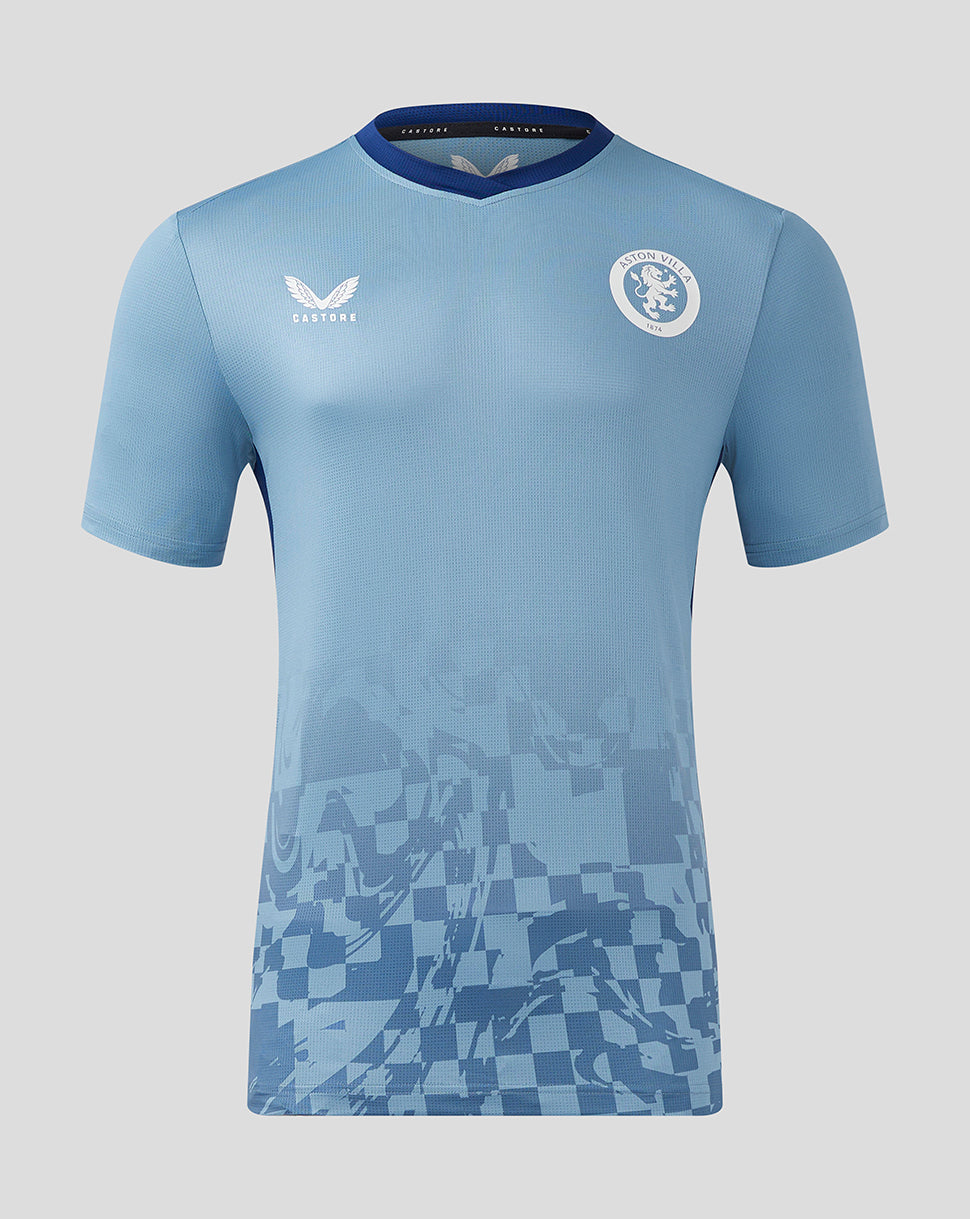 Aston Villa third matchday shirt in light blue with darker collar and crest on the chest and a subtle checkered pattern at the bottom