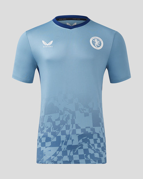Aston Villa third matchday shirt in light blue with darker collar and crest on the chest and a subtle checkered pattern at the bottom