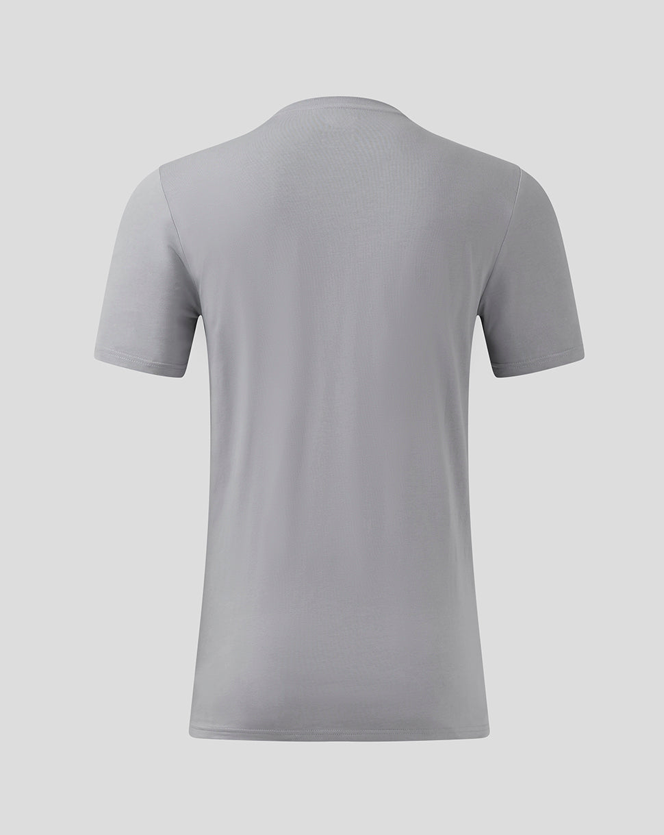 Back view of light gray Tradewinds Aston Villa Coaches Travel Logo Tee