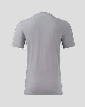 Back view of light gray Tradewinds Aston Villa Coaches Travel Logo Tee