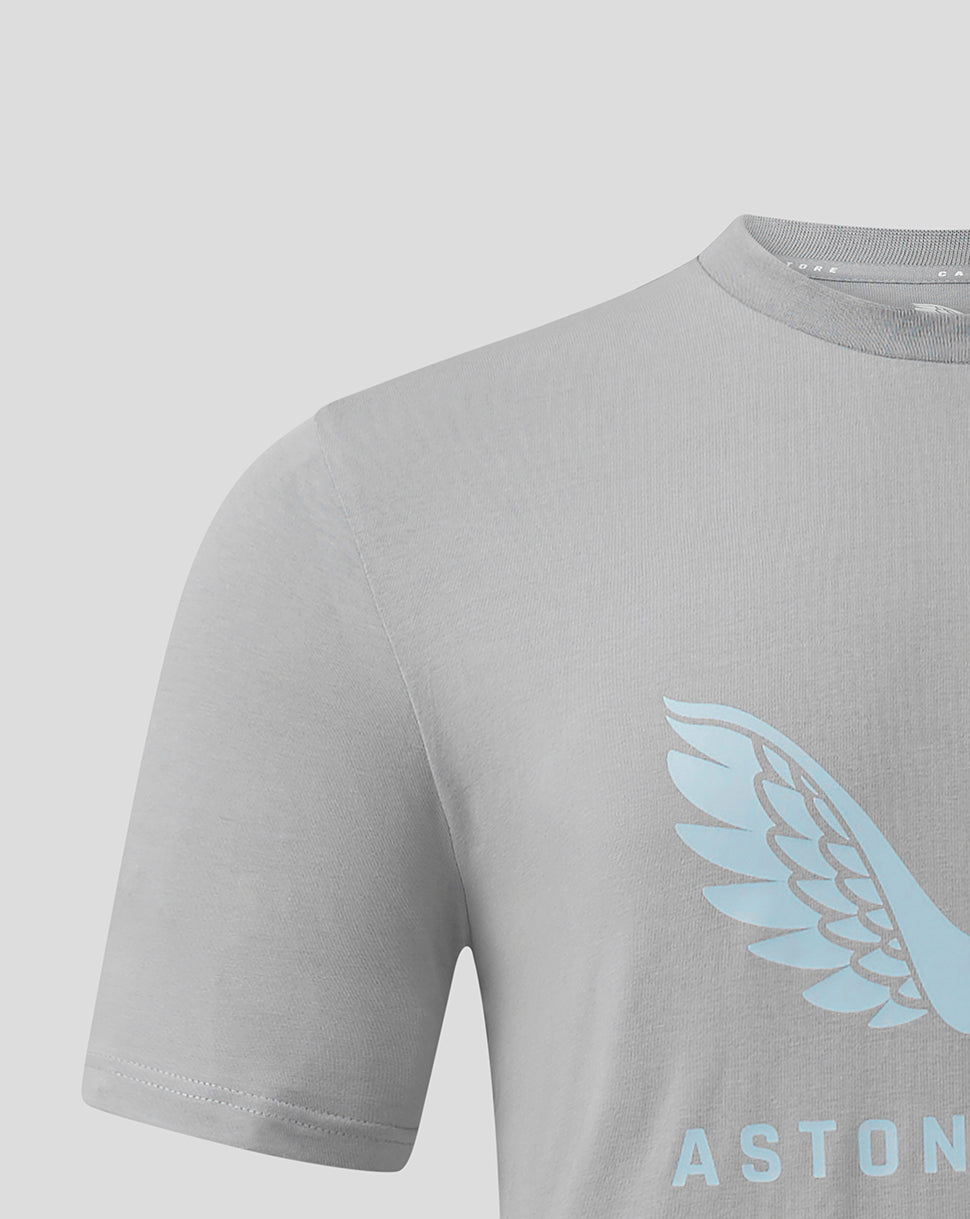 Light gray mens Aston Villa coaches travel logo tee with pale blue wing emblem.